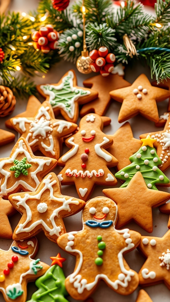 A variety of decorated gingerbread cookies in festive shapes on a holiday-themed table.